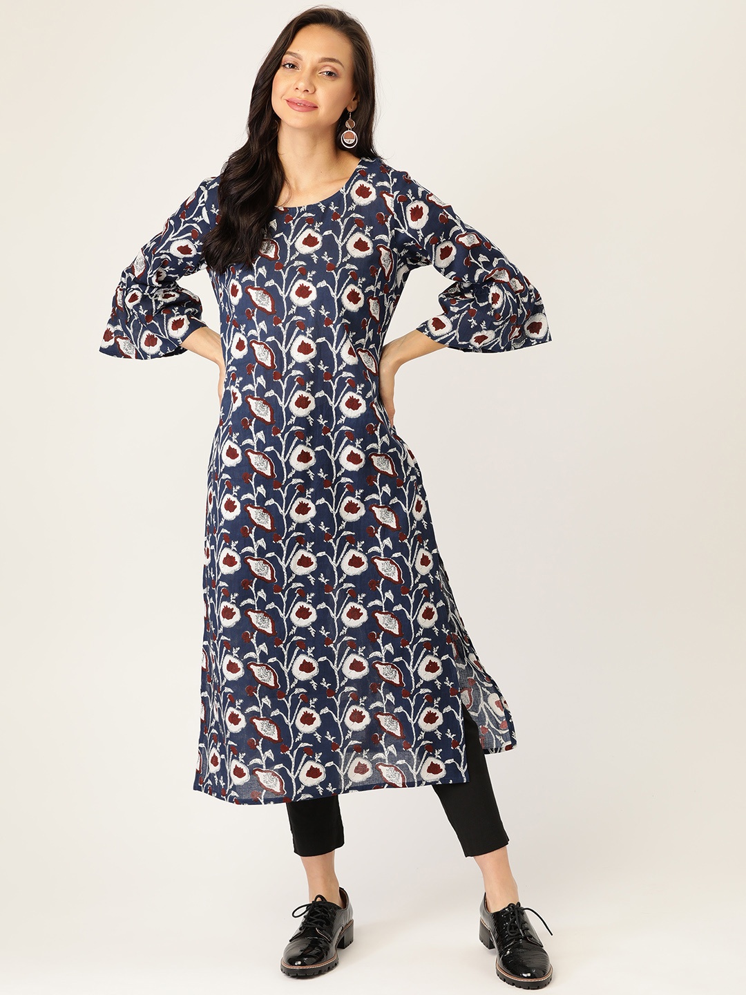 

Sangria Women Navy Blue & Maroon Floral Printed Pure Cotton Bell Sleeves Indigo Kurta