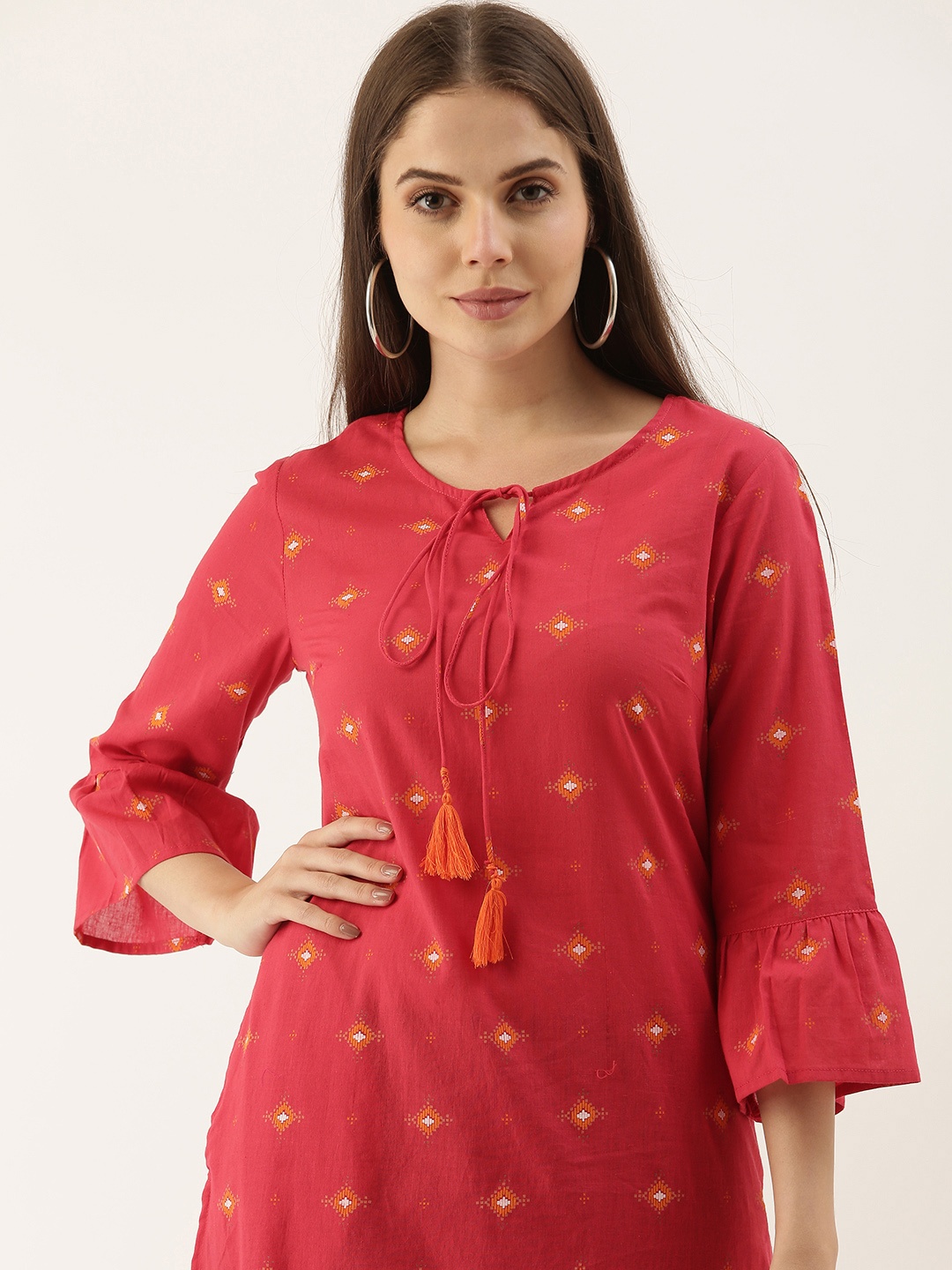 

Sangria Women Red & Orange Geometric Printed Bell Sleeves Kurta