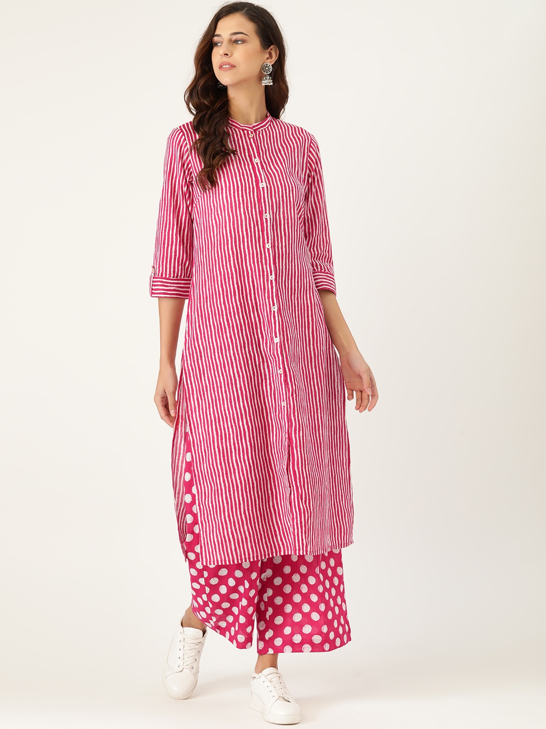 

Sangria Women Pink Striped Pure Cotton Kurta with Palazzos