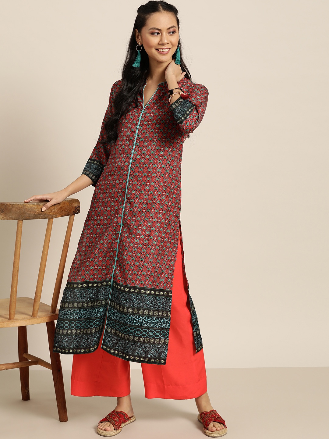 

Sangria Women Red Ethnic Motifs Print Straight Kurta with Palazzos