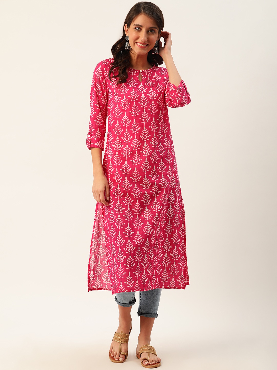 

Sangria Women Fuchsia Pink & White Printed Pure Cotton Straight Kurta