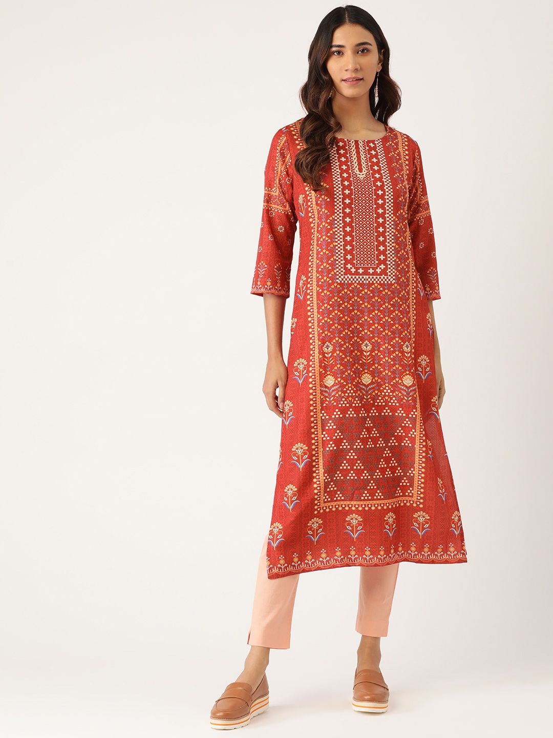 

Sangria Women Rust Orange & Yellow Ethnic Motifs Printed Kurta