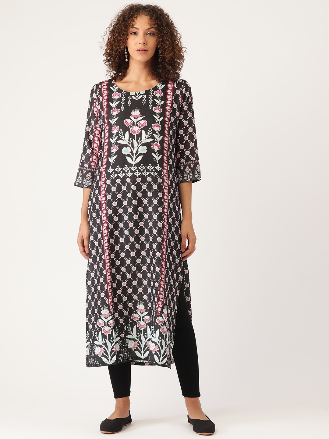 

Sangria Women Black & Pink Ethnic Motifs Printed Straight Kurta
