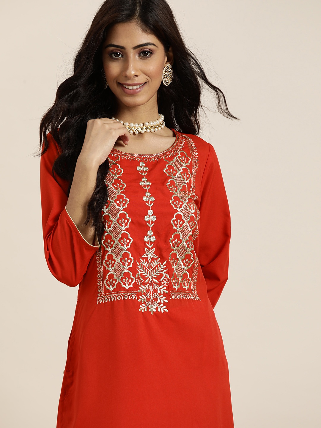 

Sangria Women Red & Golden Ethnic Motifs Yoke Design Kurta with Trousers