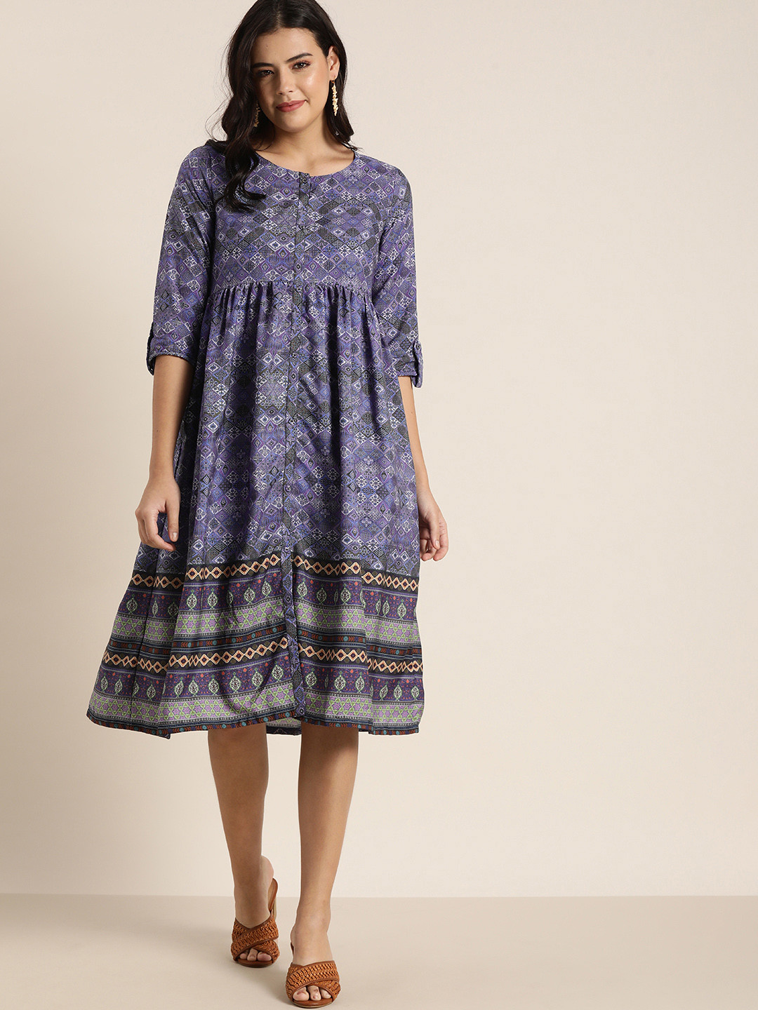 

Sangria Women Blue & Off White Ethnic Motifs Print Midi A-Line Dress