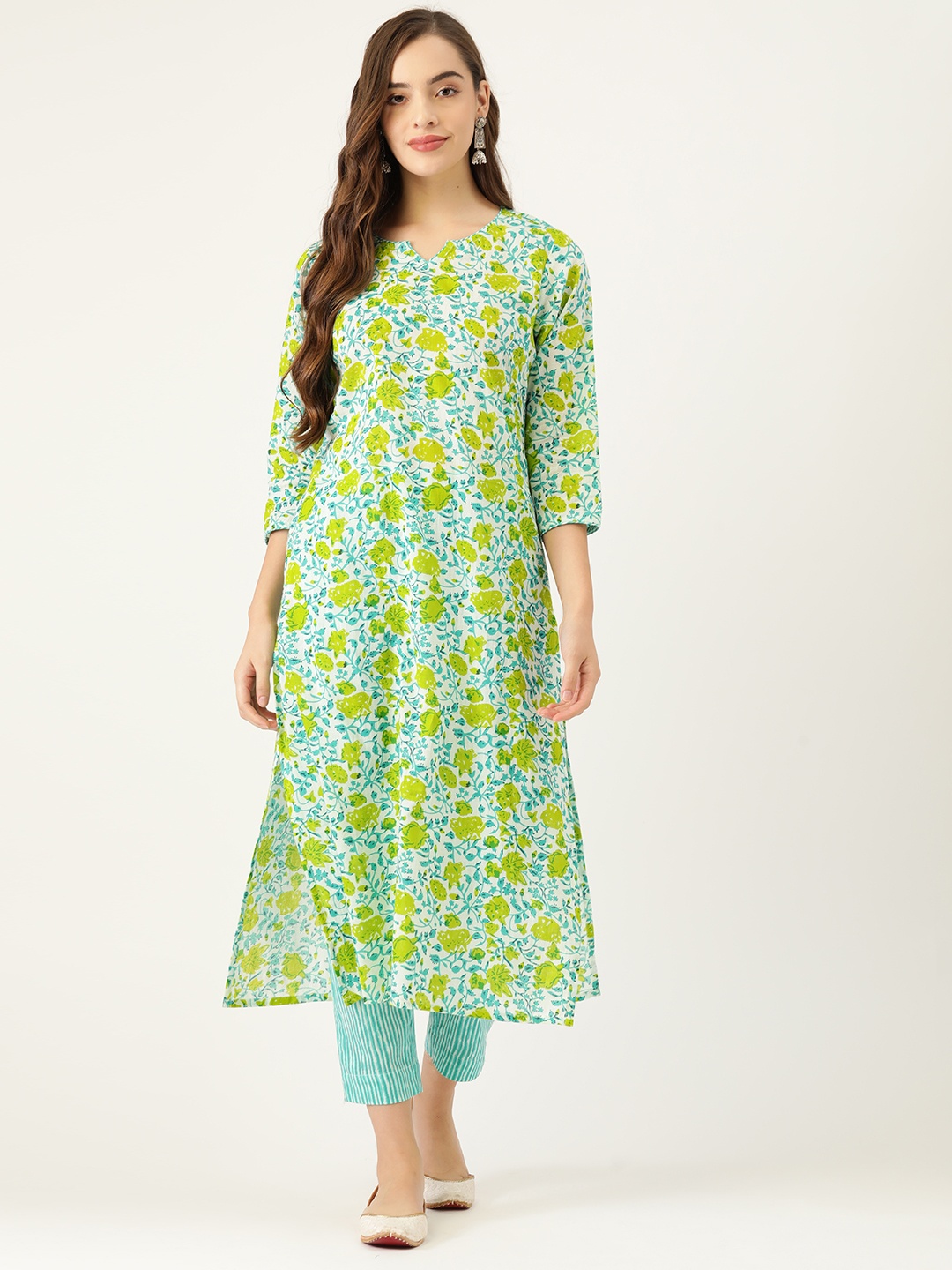 

Sangria Women Blue & Yellow Floral Printed Pure Cotton Kurta with Trousers