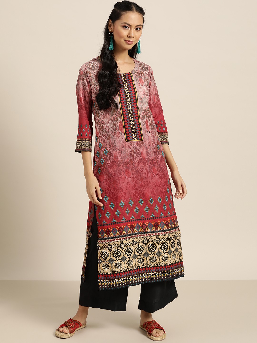 

Sangria Women Red & Black Ethnic Motifs Printed Kurta with Palazzos