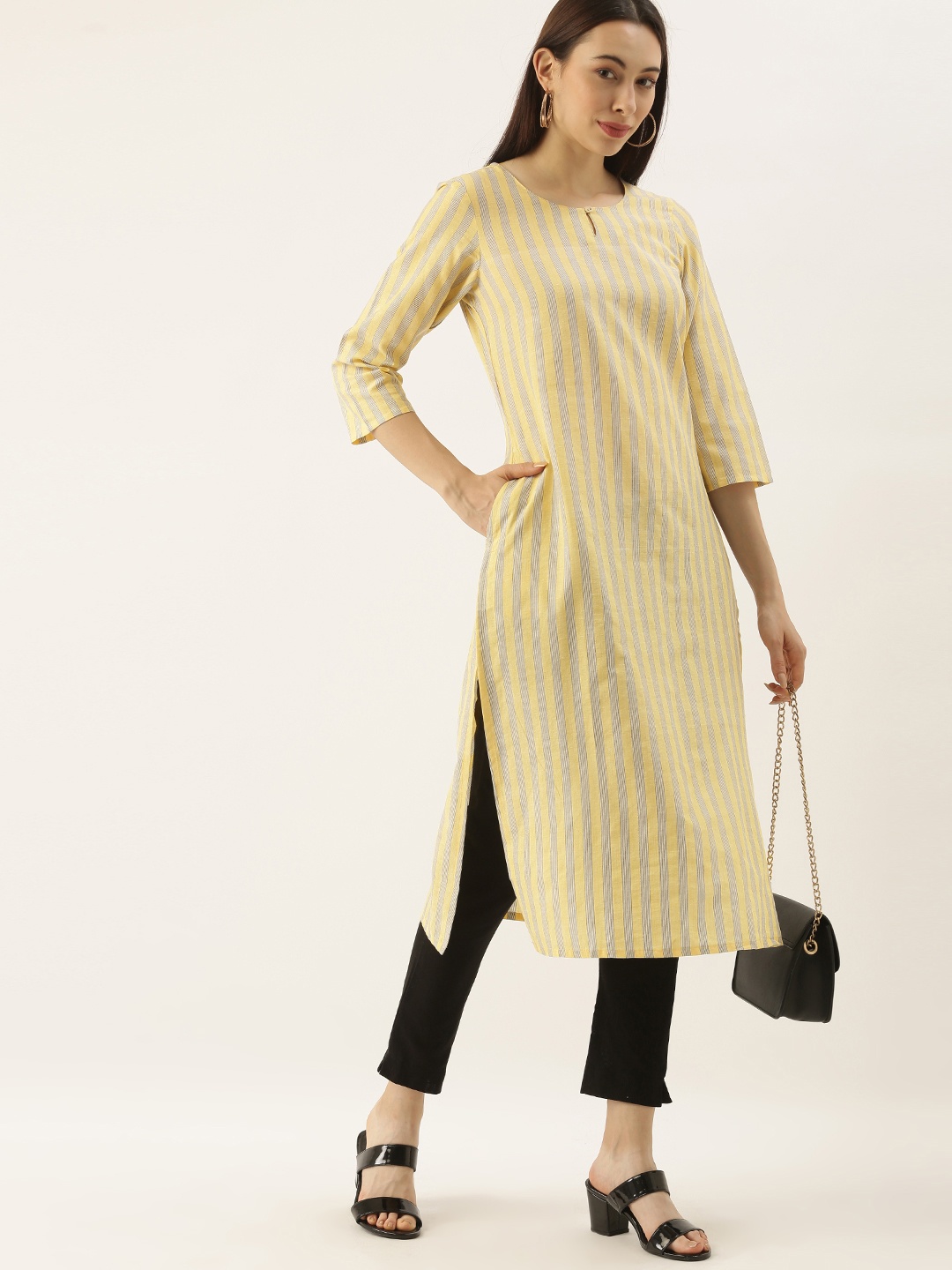 

Sangria Women Beige & Blue Striped Kurta