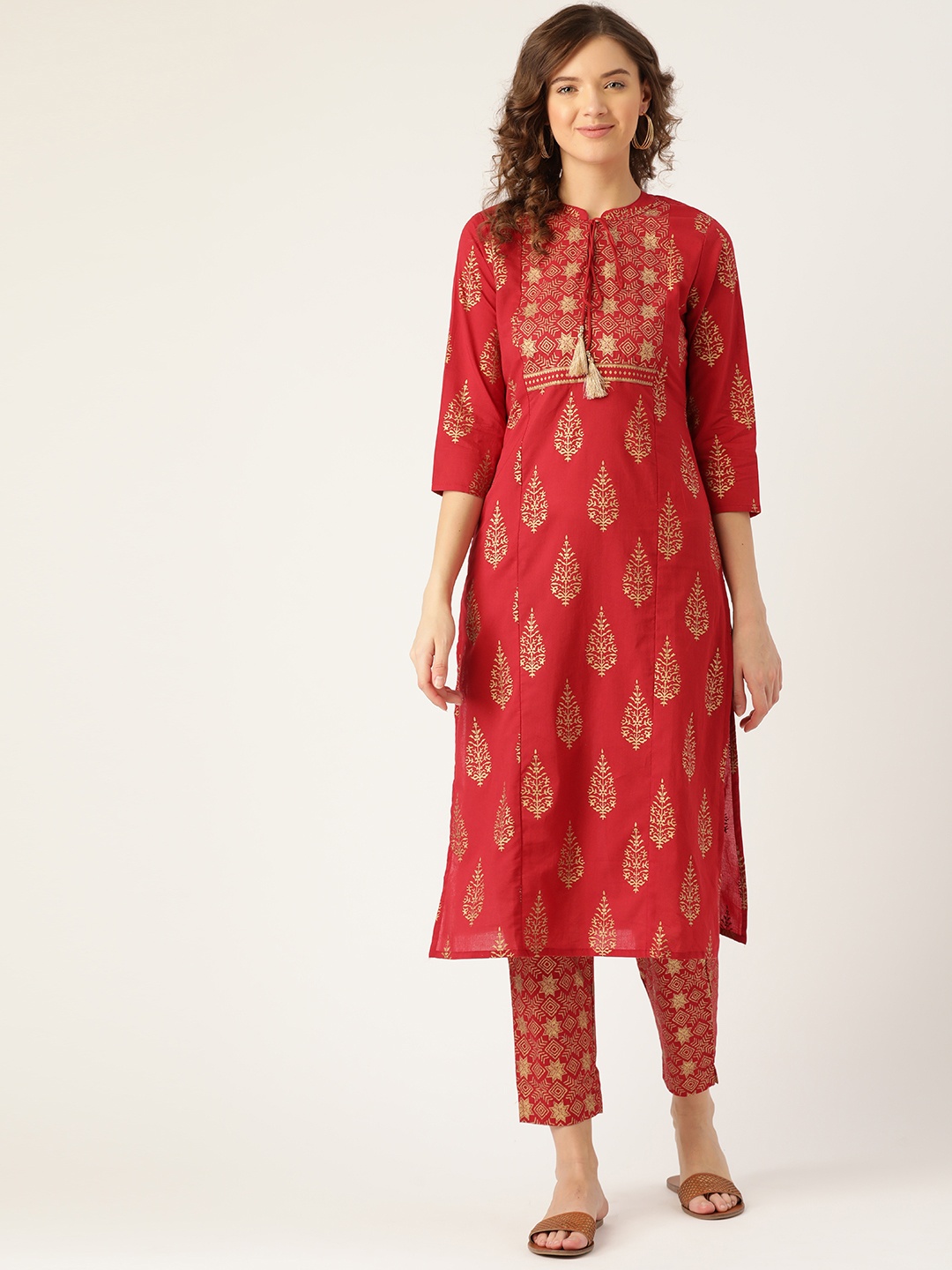 

Sangria Women Red & Golden Ethnic Motifs Printed Pure Cotton Kurta with Trousers