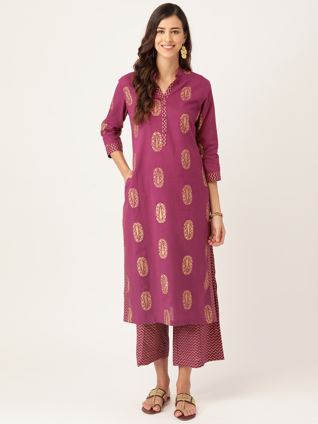 

Sangria Women Mauve & Golden Ethnic Motifs Printed Pure Cotton Kurta with Palazzos
