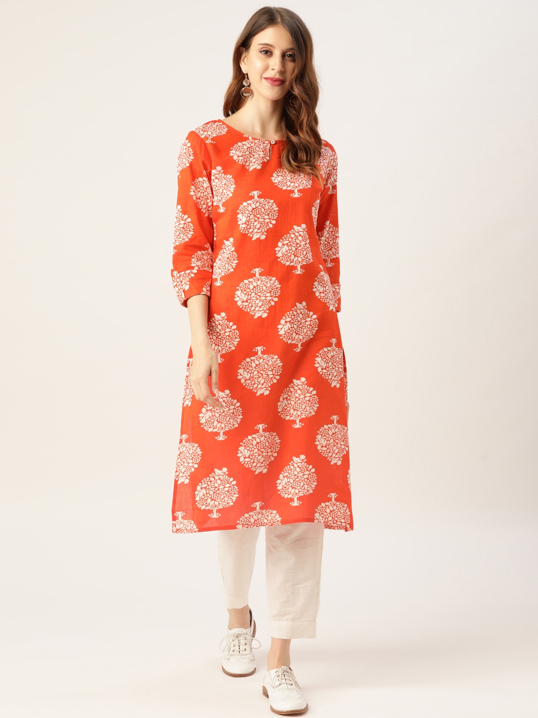 

Sangria Women Orange & White Pure Cotton Printed Kurta