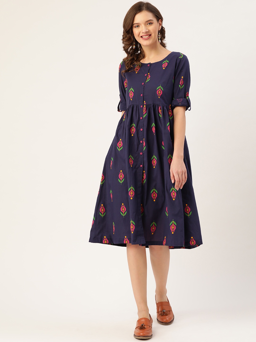 

Sangria Navy Blue & Pink Ethnic Motifs Pure Cotton A-Line Dress