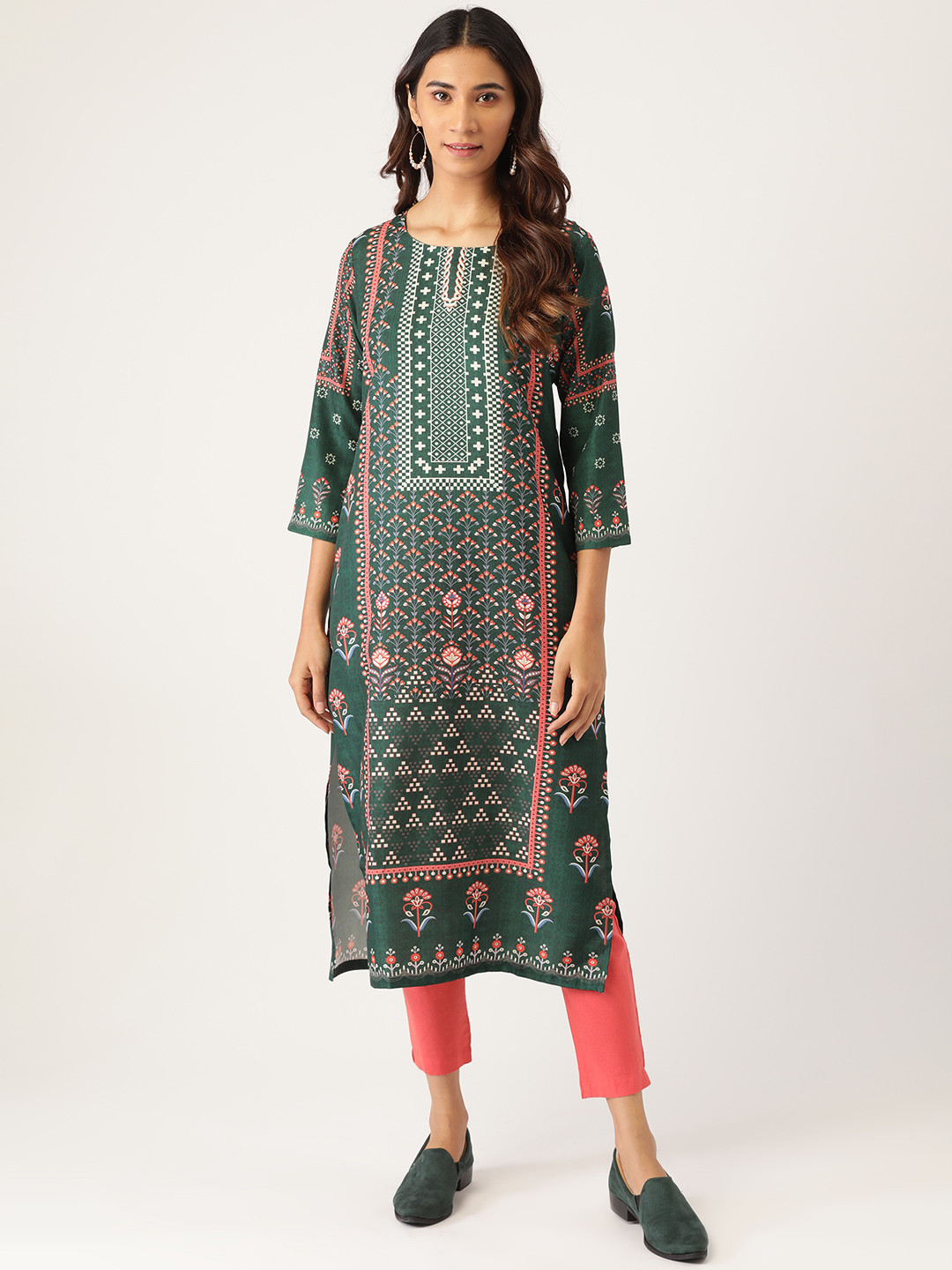 

Sangria Women Green & Off White Ethnic Motifs Printed Straight Kurta
