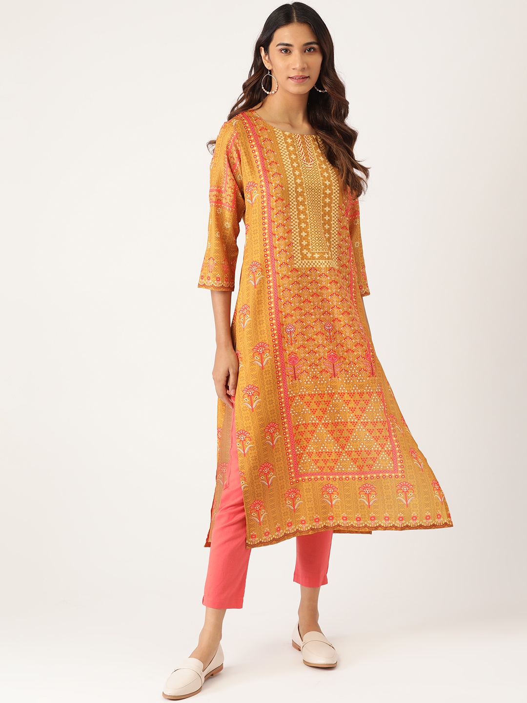 

Sangria Women Mustard Yellow & Pink Ethnic Motifs Printed Straight Kurta