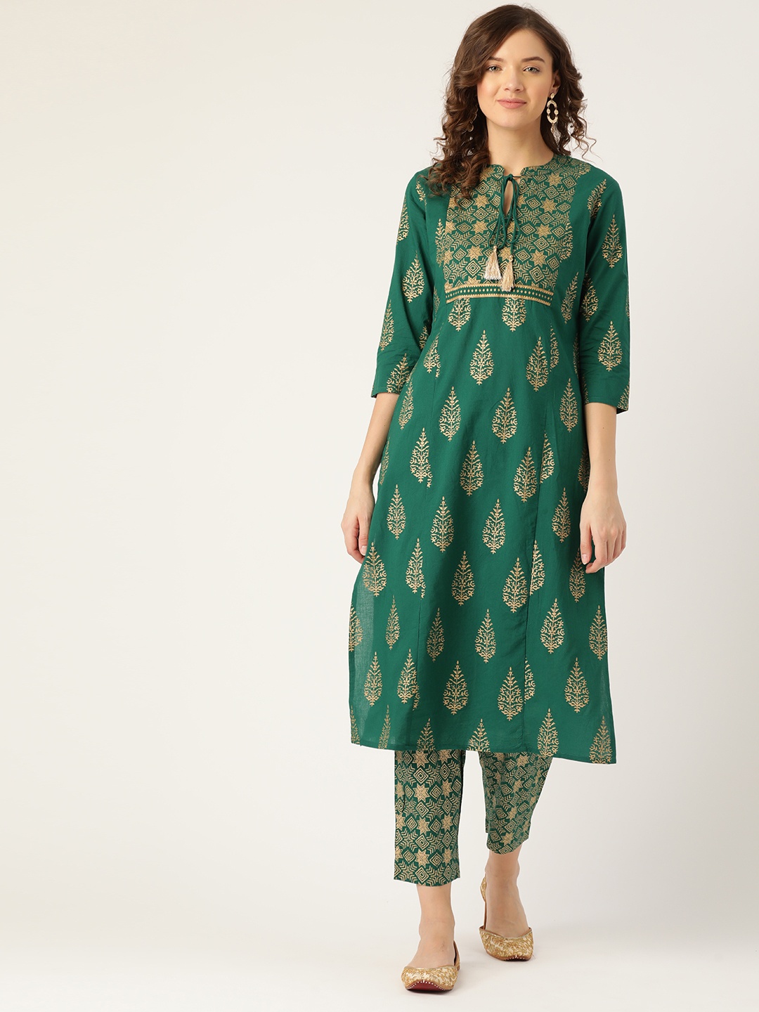 

Sangria Women Green & Golden Ethnic Motifs Printed Pure Cotton Kurta with Trousers