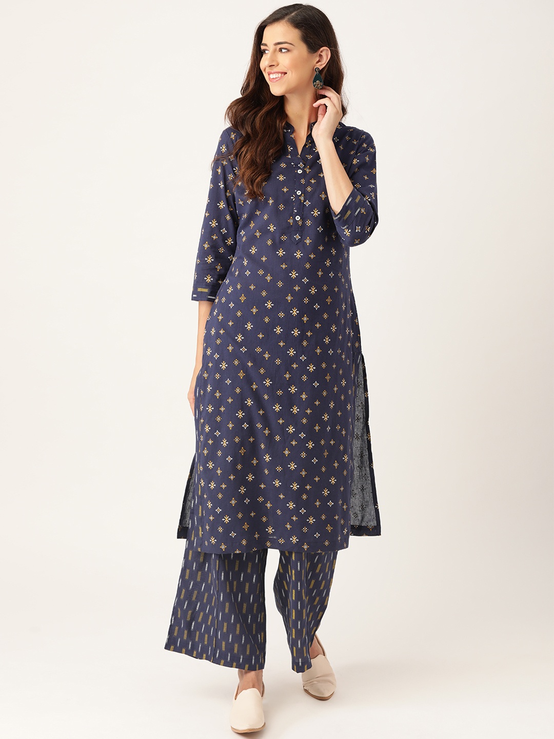 

Sangria Women Navy Blue & Golden Ethnic Motifs Print Pure Cotton Kurta with Palazzos