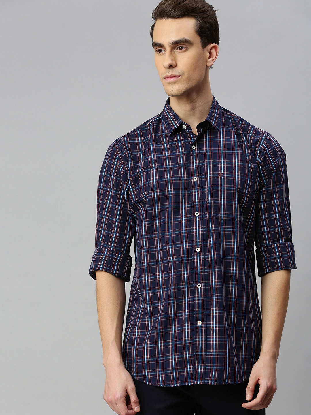 

Raymond Men Blue & Maroon Slim Fit Checked Pure Cotton Casual Shirt
