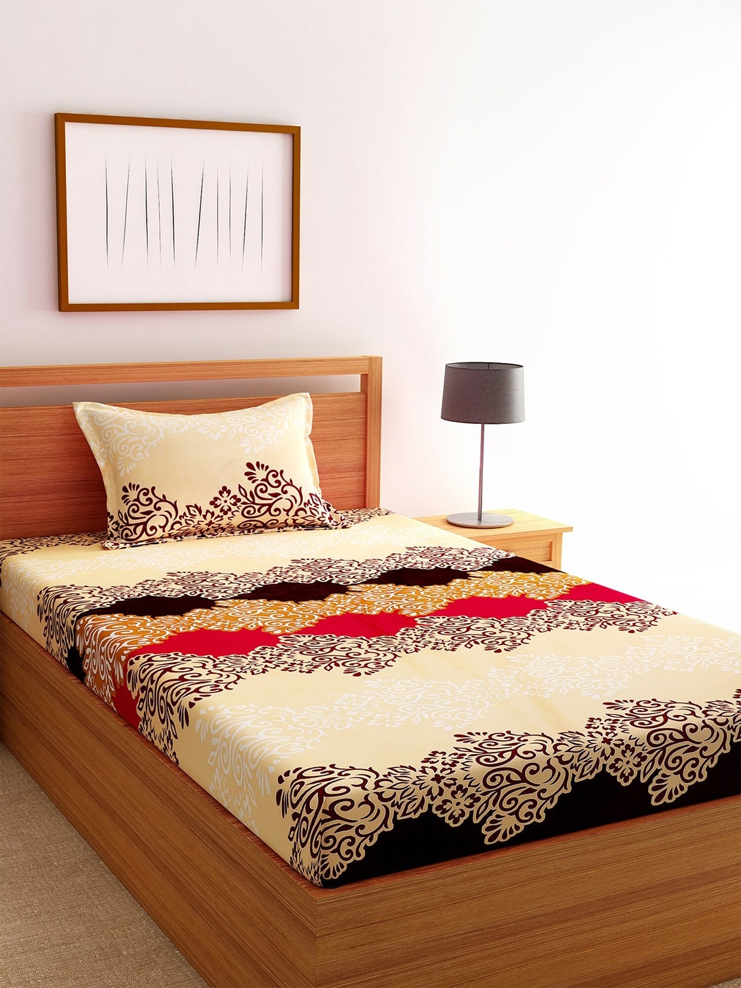 

Florida Beige & Red Ethnic Motifs 144 TC Polycotton 1 Single Bedsheet with 1 Pillow Covers