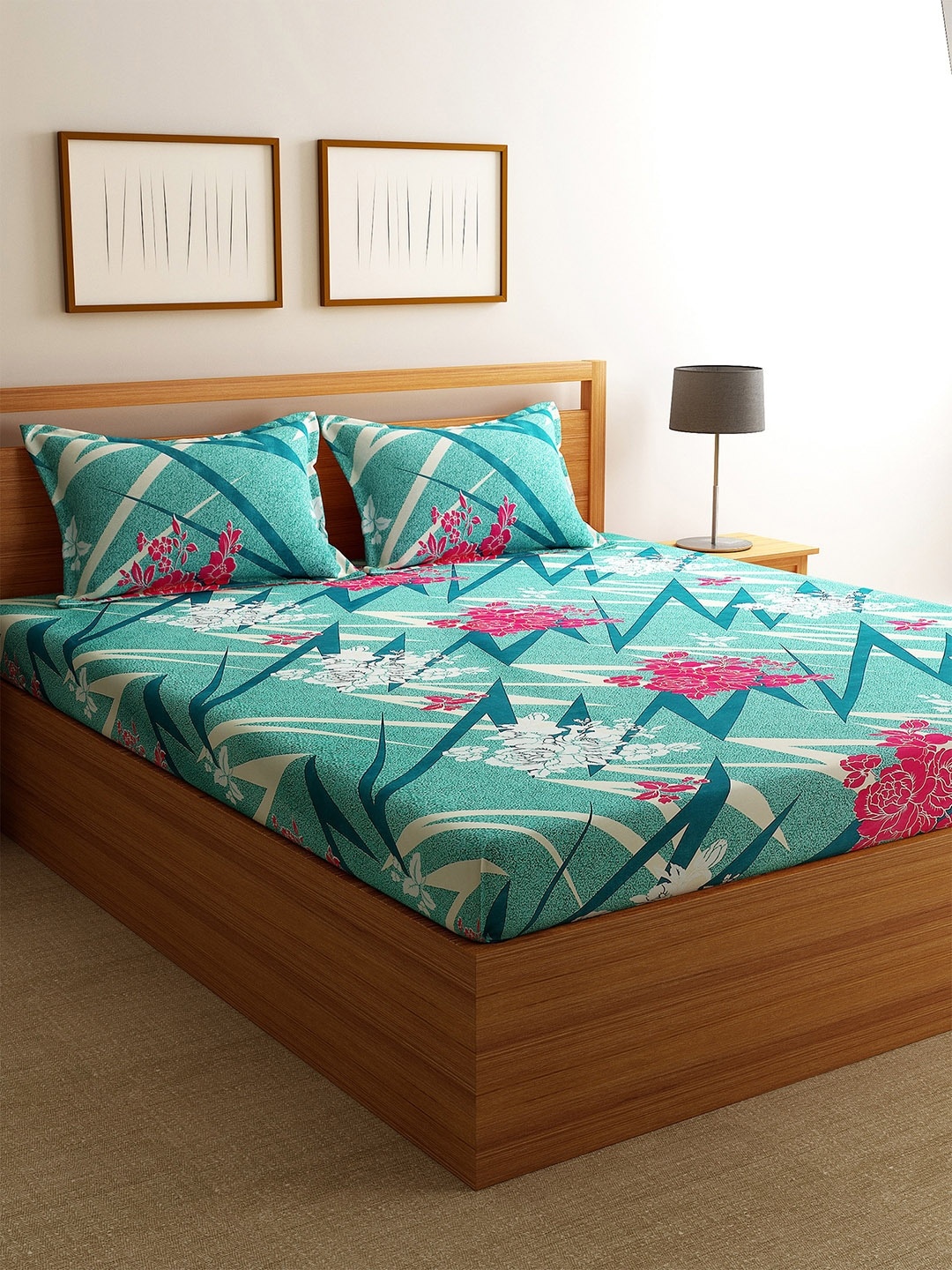 

Florida Teal & White Floral 144 TC Polycotton 1 King Bedsheet with 2 Pillow Covers