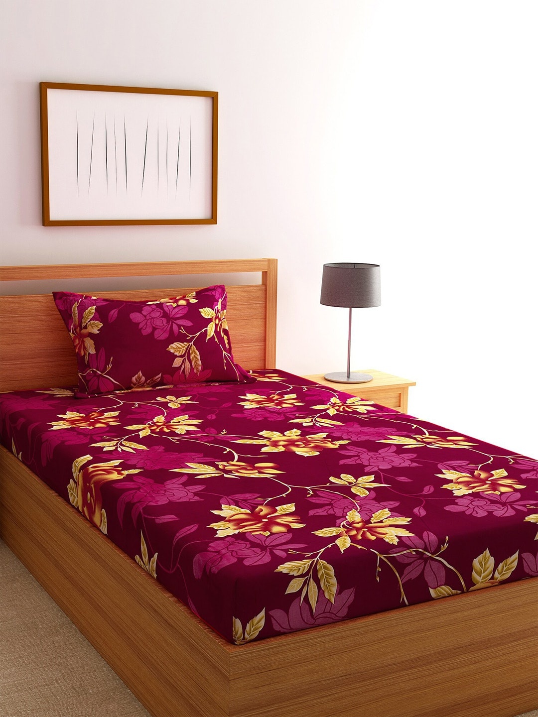 

Florida Maroon & Magenta Floral 144 TC Polycotton 1 Single Bedsheet with 1 Pillow Cover