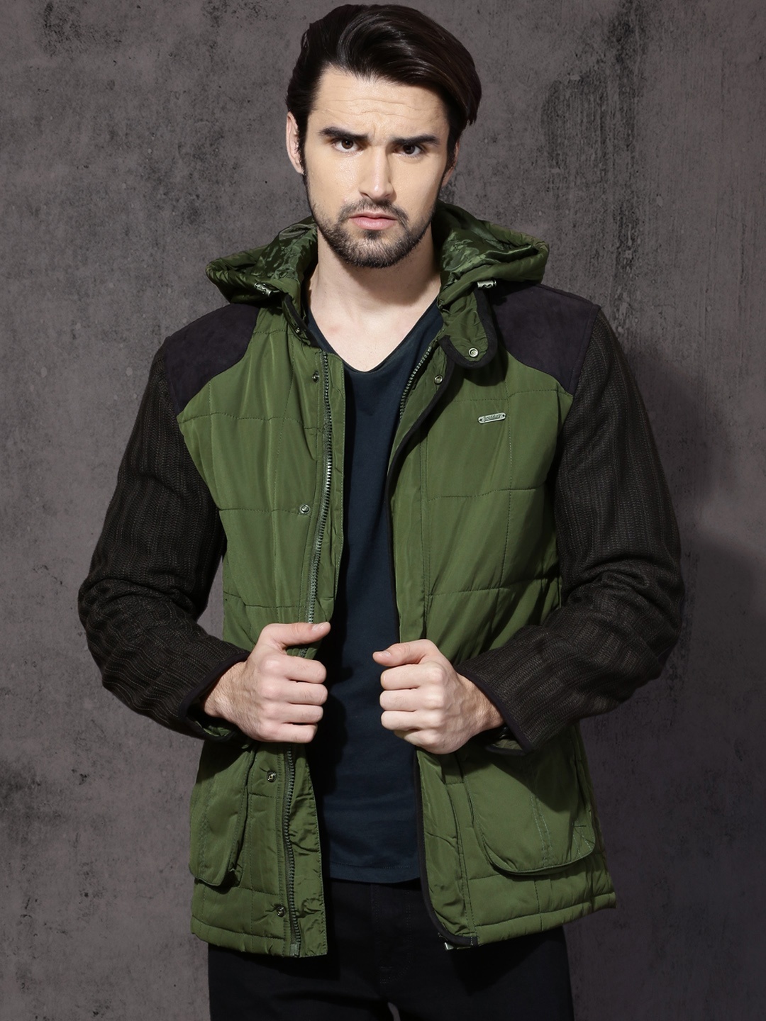 

Roadster Olive Green Quilted Jacket with Detachable Hood