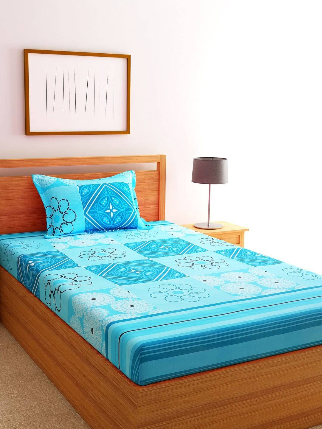

Florida Blue & Black Ethnic Motifs 144 TC Cotton 1 Single Bedsheet with 1 Pillow Covers