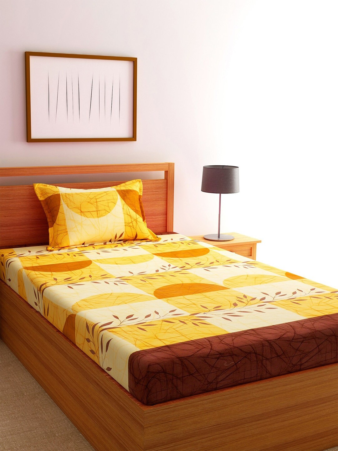 

Florida Yellow & Brown Floral 144 TC Cotton 1 Single Bedsheet with 1 Pillow Covers