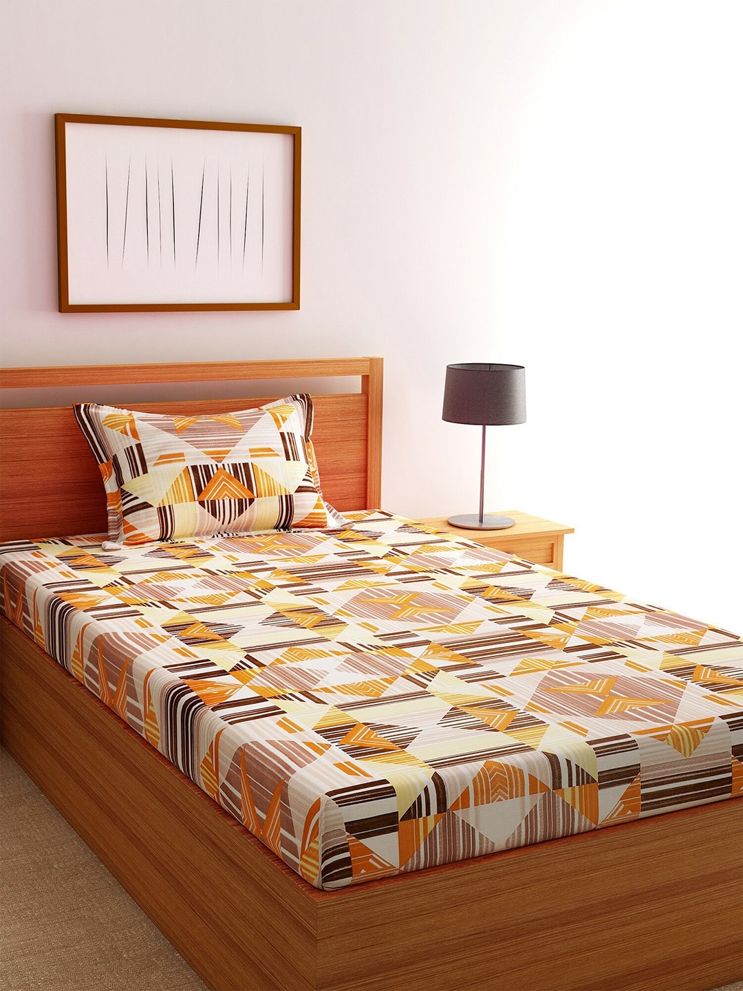 

Florida Yellow & White Geometric 144 TC Cotton 1 King Bedsheet with 1 Pillow Covers
