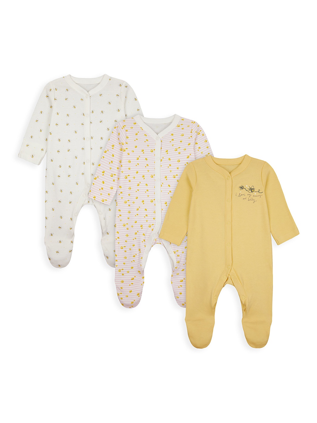

mothercare Pack of 3 Infant Girl Yellow, White and Pink Printed Pure Cotton Sleepsuits