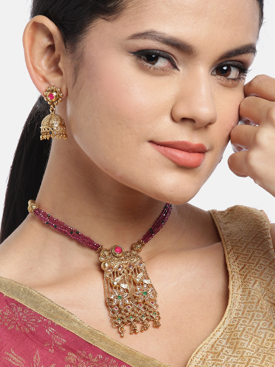 

JEWELS GEHNA Pink Gold-Plated Handcrafted Stone-Studded Beaded Jewellery Set