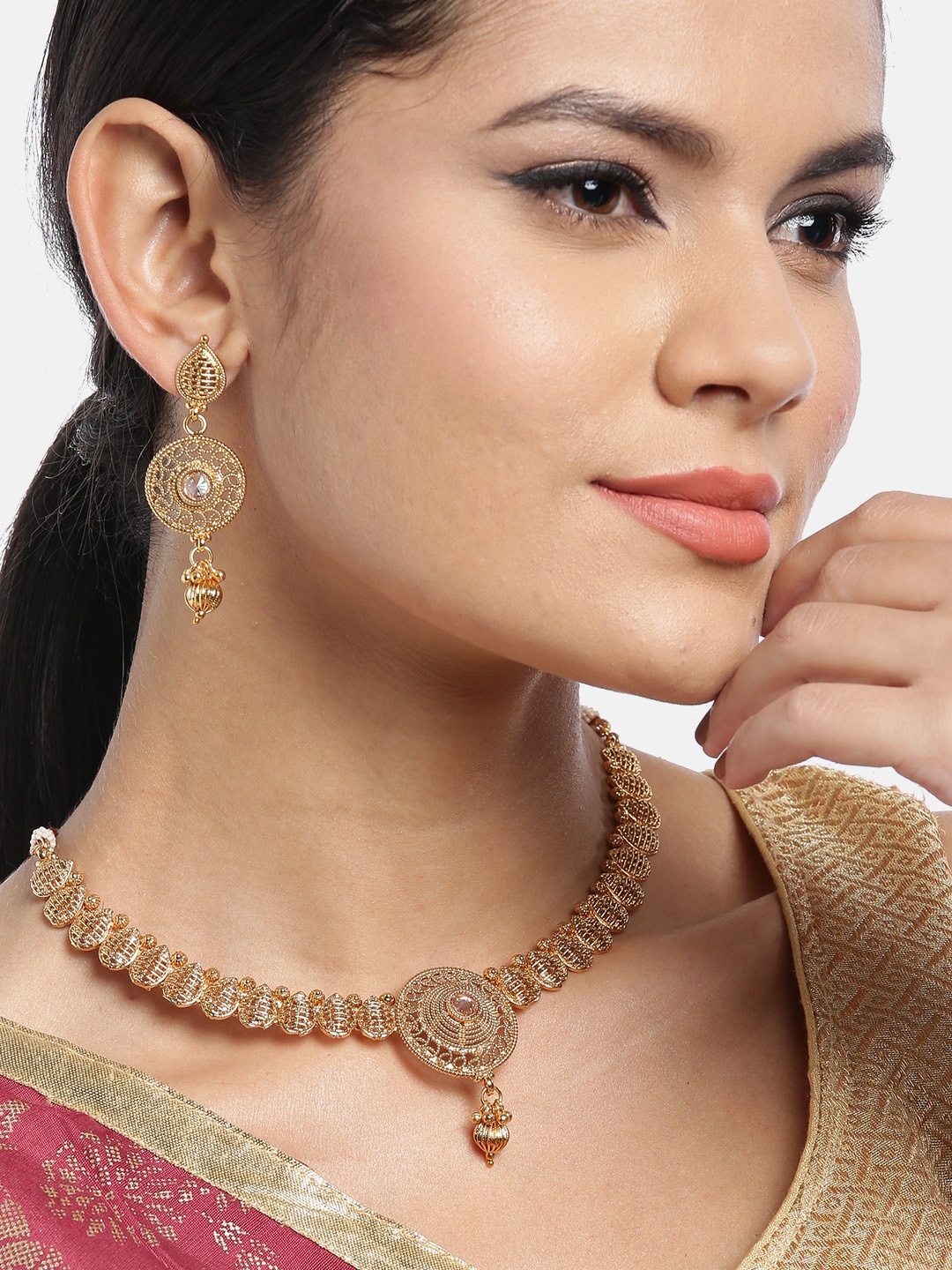 

JEWELS GEHNA Gold-Plated Handcrafted Stone-Studded Beaded Jewellery Set