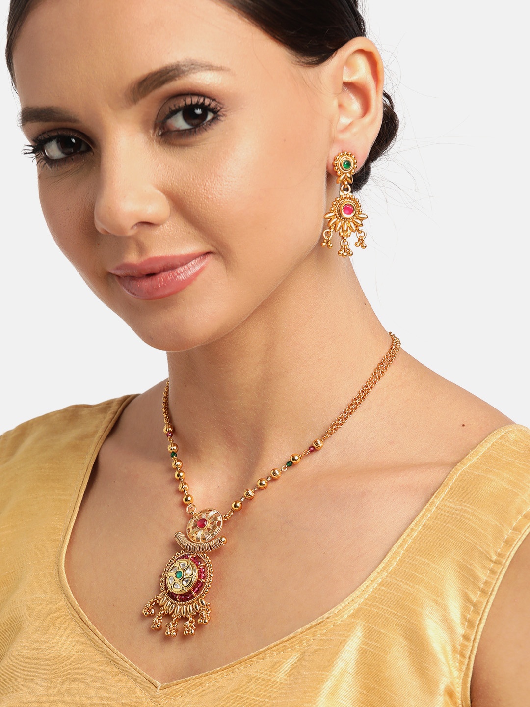 

JEWELS GEHNA Green & Magenta Stone Studded & Beaded Handcrafted Jewellery Set, Gold