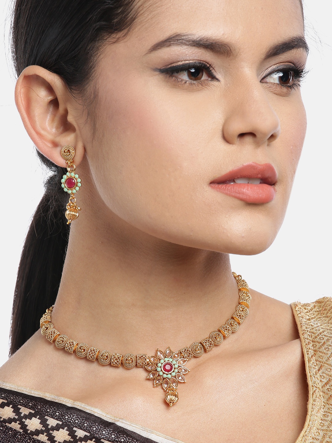 

JEWELS GEHNA Green & Pink Gold-Plated Handcrafted Meenakari Jewellery Set