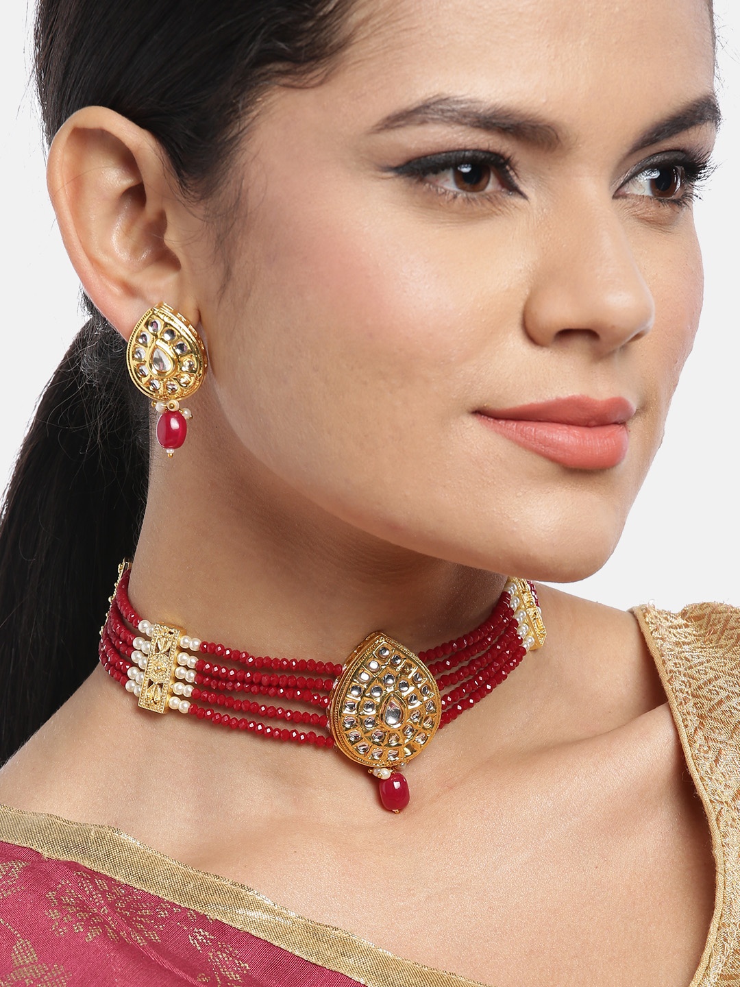 

JEWELS GEHNA Maroon Gold-Plated Handcrafted Kundan-Studded Beaded Jewellery Set