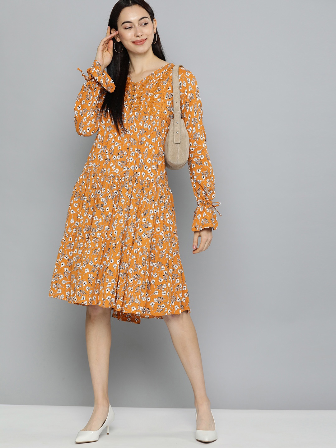 

Chemistry Women Mustard Yellow & White Floral Printed Embroidered Dobby A-Line Dress