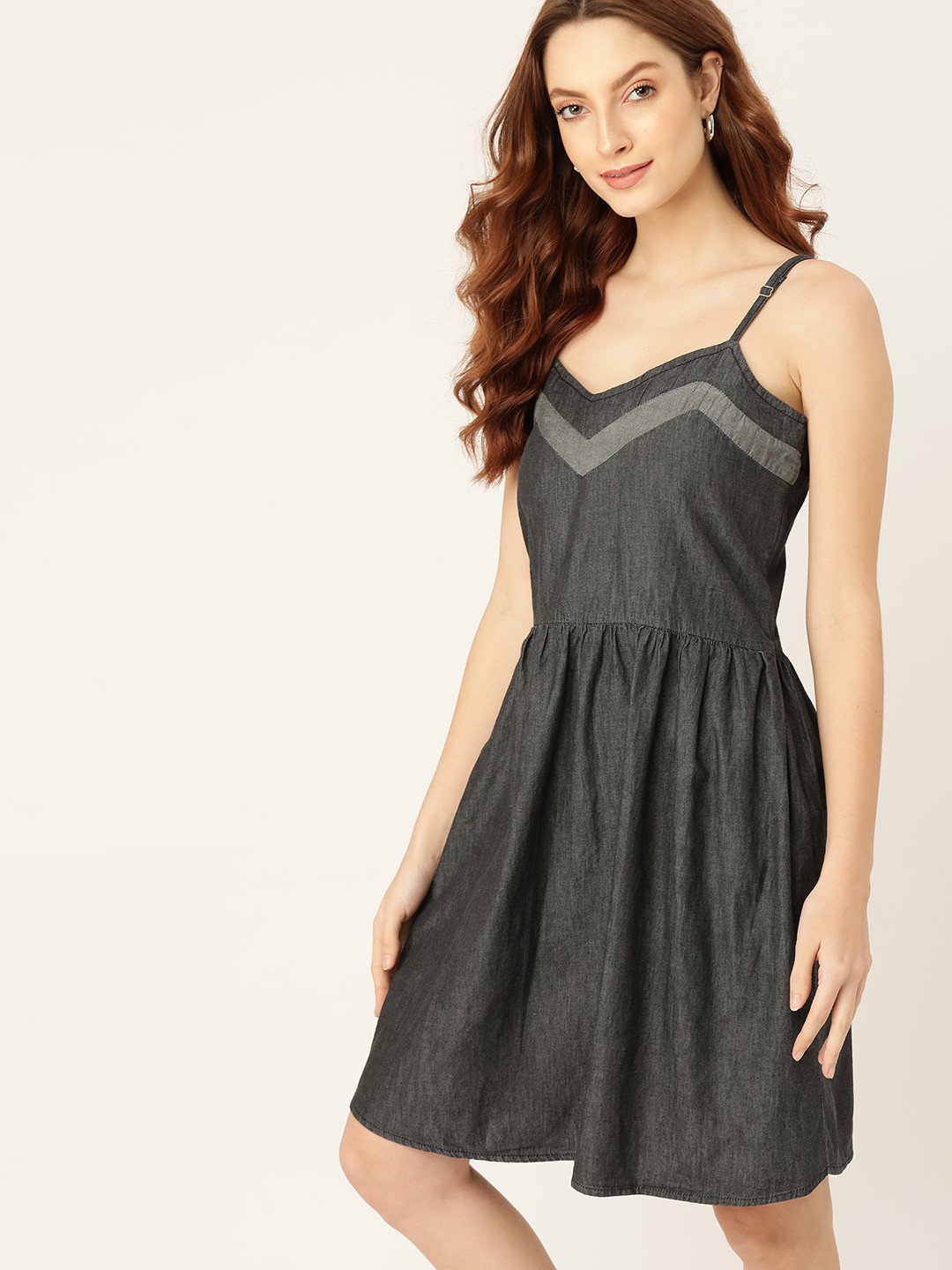 

DressBerry Charcoal Grey Pure Cotton Solid Chambray A-Line Dress