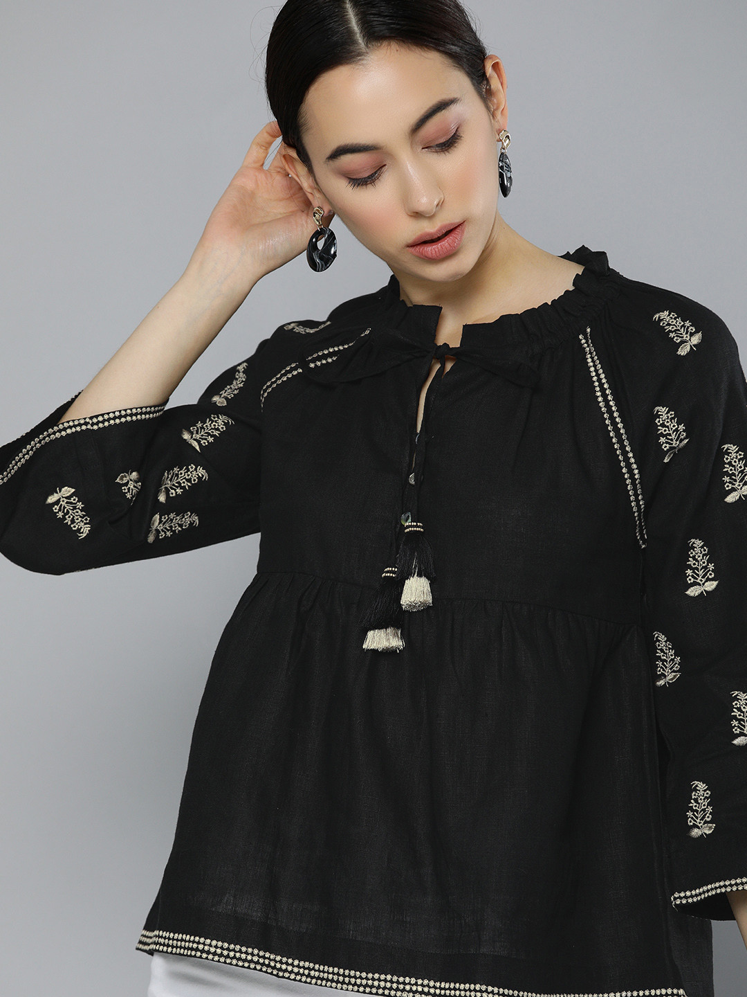 

Chemistry Black & Beige Floral Embroidered Tie-Up Neck Flared Sleeves Linen A-line Top