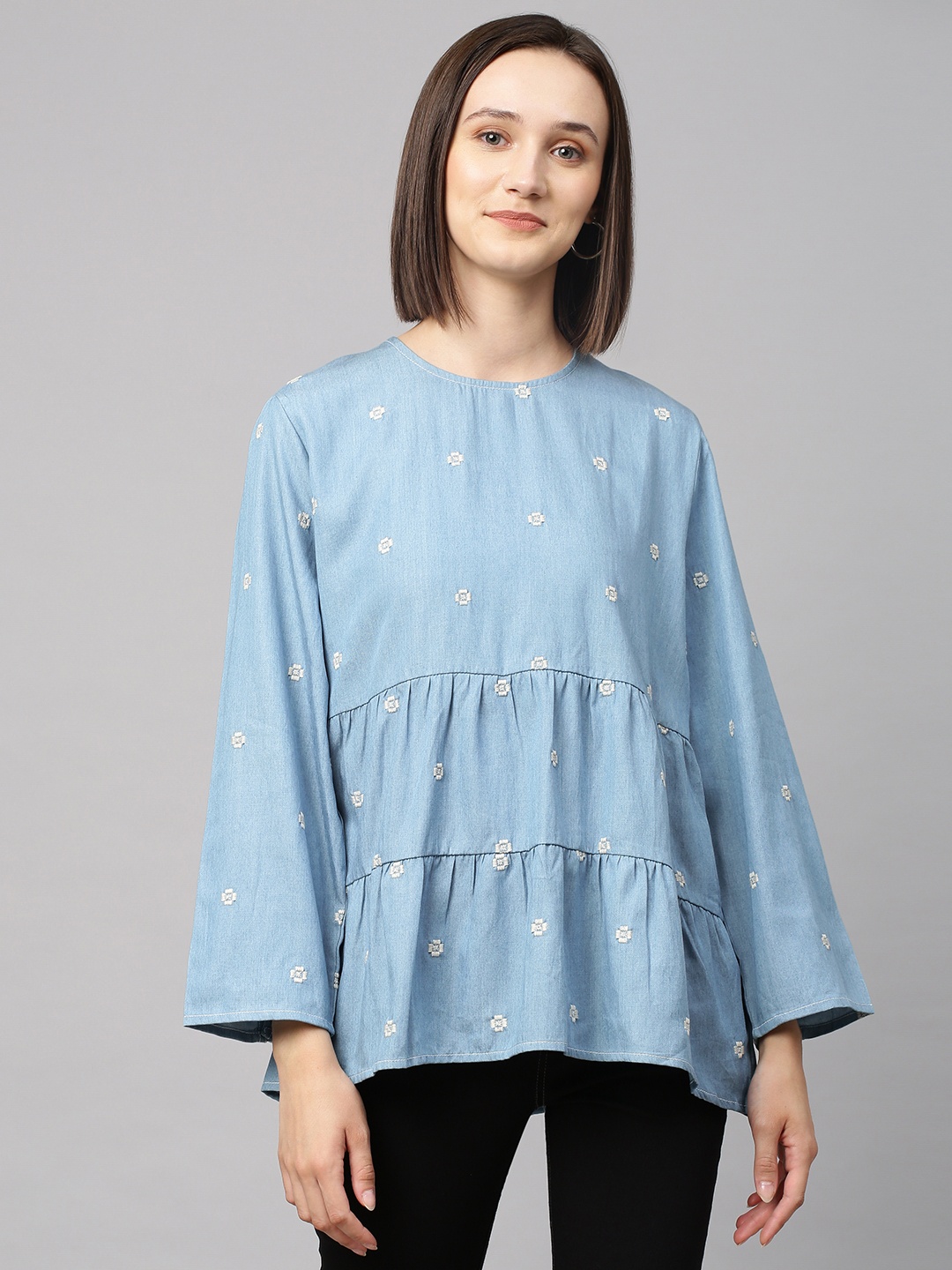 

Chemistry Blue Floral Embroidered Denim Top