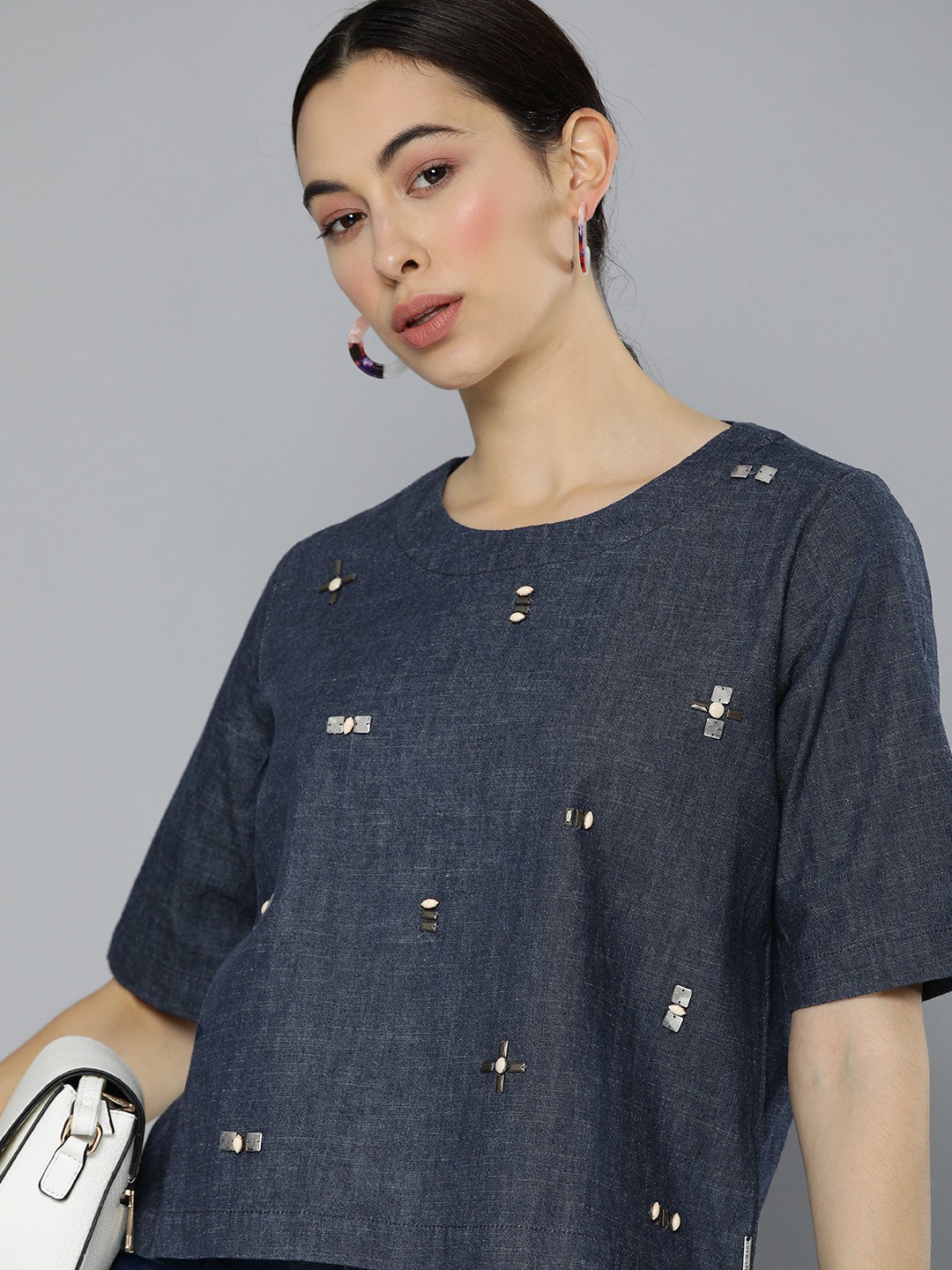 

Chemistry Navy Blue & Beige Embellished Pure Cotton Denim Regular Top