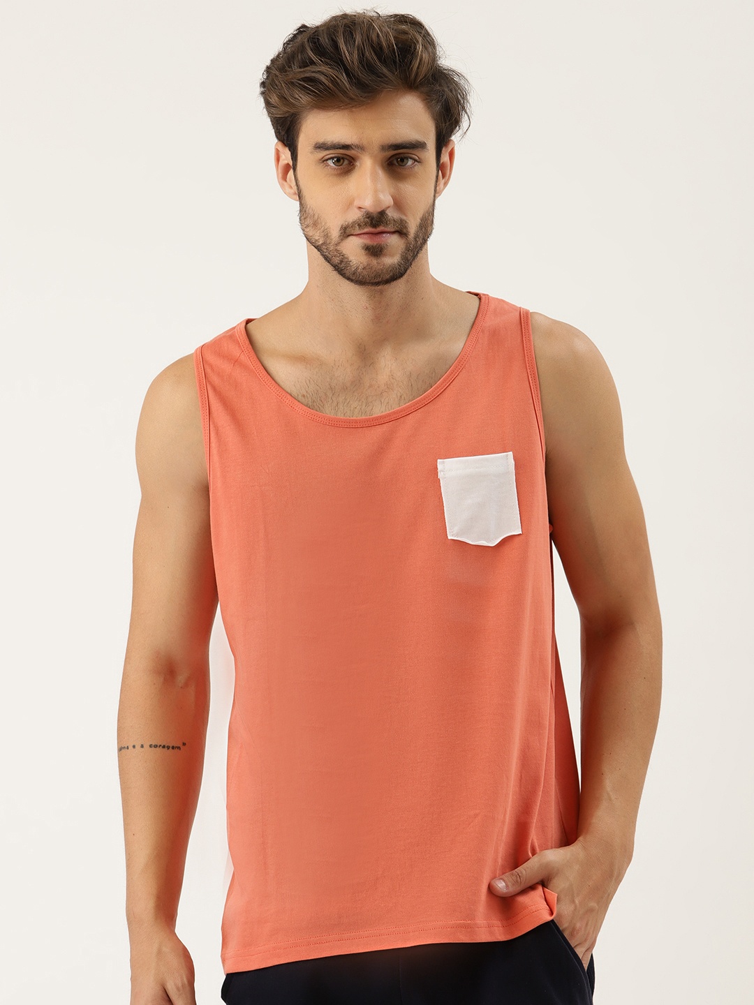 

Rodzen Men Peach-Coloured Solid Lounge T-Shirt