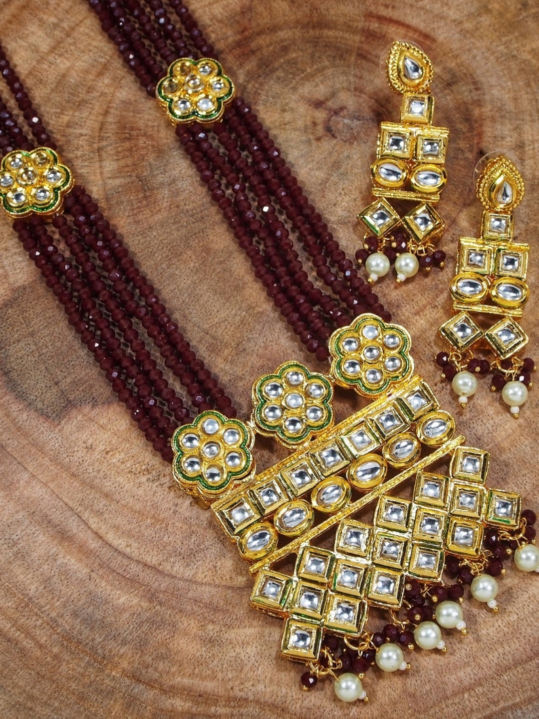 

I Jewels Maroon Gold Plated Handcrafted Uncut Polki Kundan Jewellery Set
