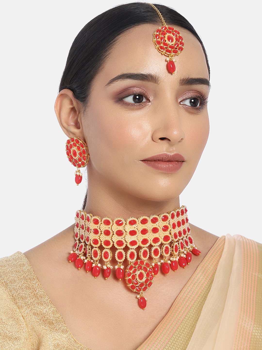 

I Jewels Red Gold Plated Handcrafted Faux Pearl & Beads Studded Jewellery Set