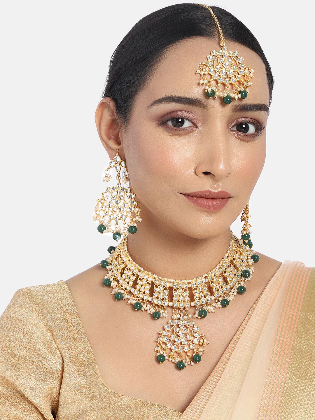 

I Jewels Green Gold-Plated Kundan & Pearl Embellished Jewellery Set