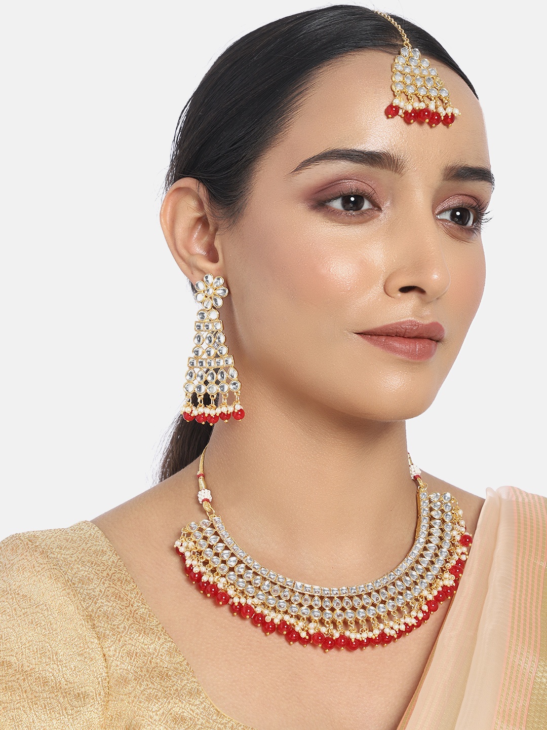 

I Jewels Red Gold-Plated Kundan & Pearl Embellished Handcrafted Jewellery Set