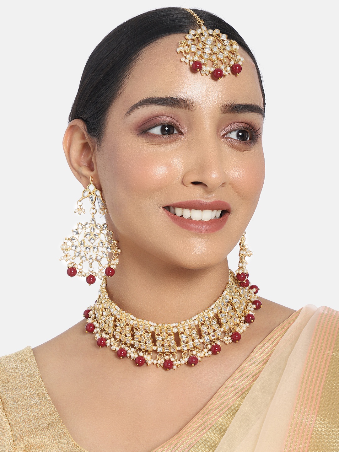

I Jewels Gold-Plated Maroon Kundan-Studded Beaded Jewellery Set