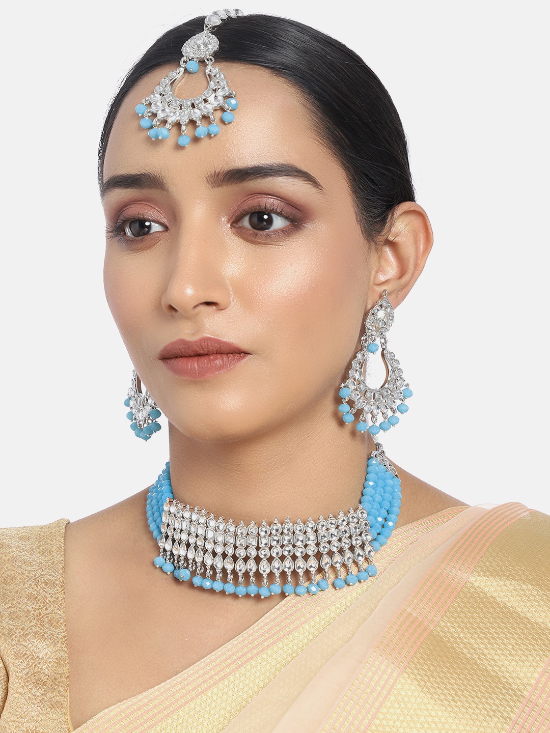 

I Jewels Blue Silver-Plated Kundan Studded Jewellery Set