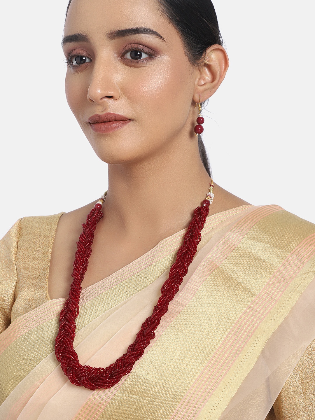 

I Jewels Maroon Handcrafted Twisted Beaded Jewellery Set