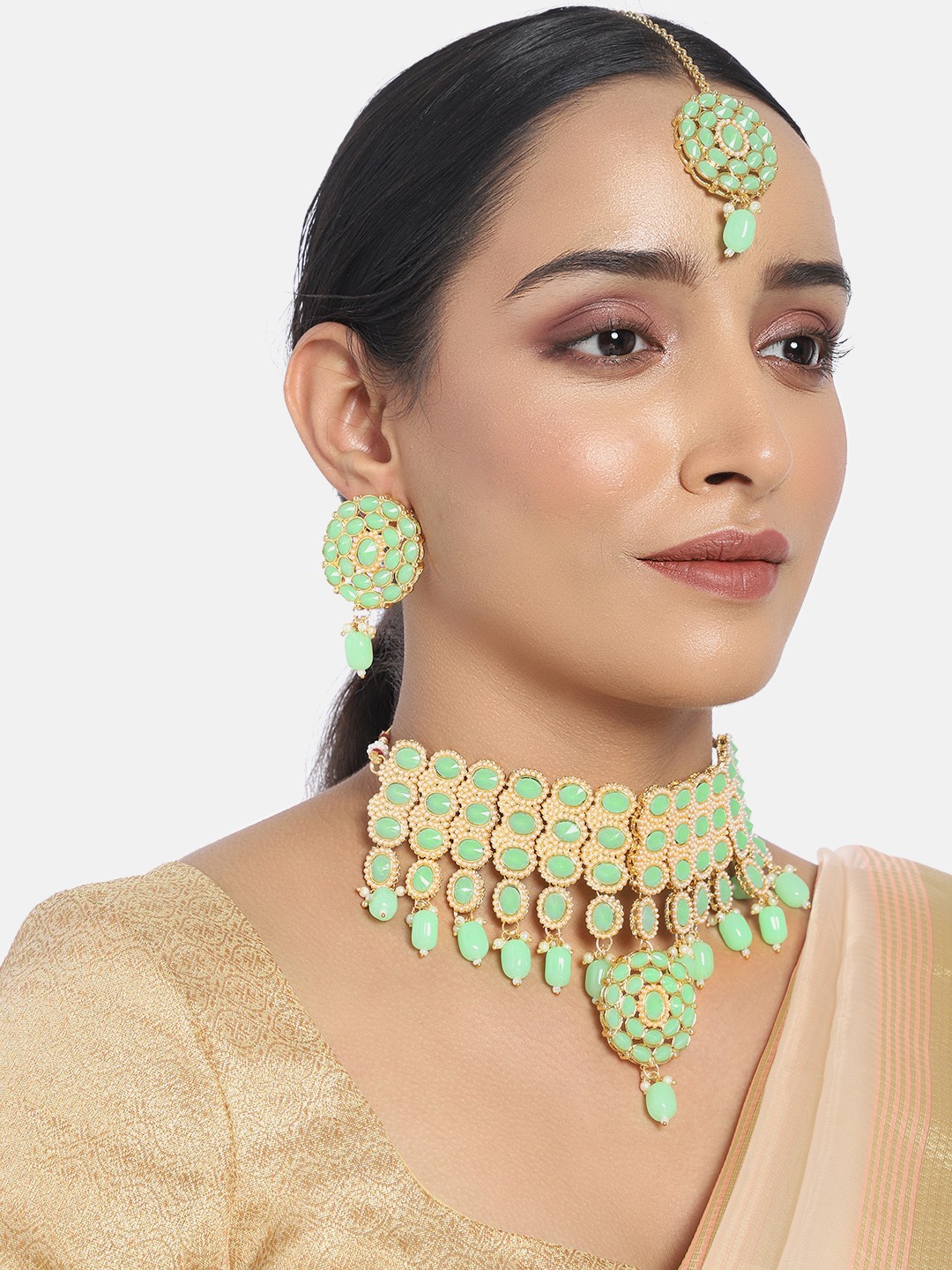 

I Jewels Sea Green Gold-Plated Embellished Handcrafted Jewellery Set