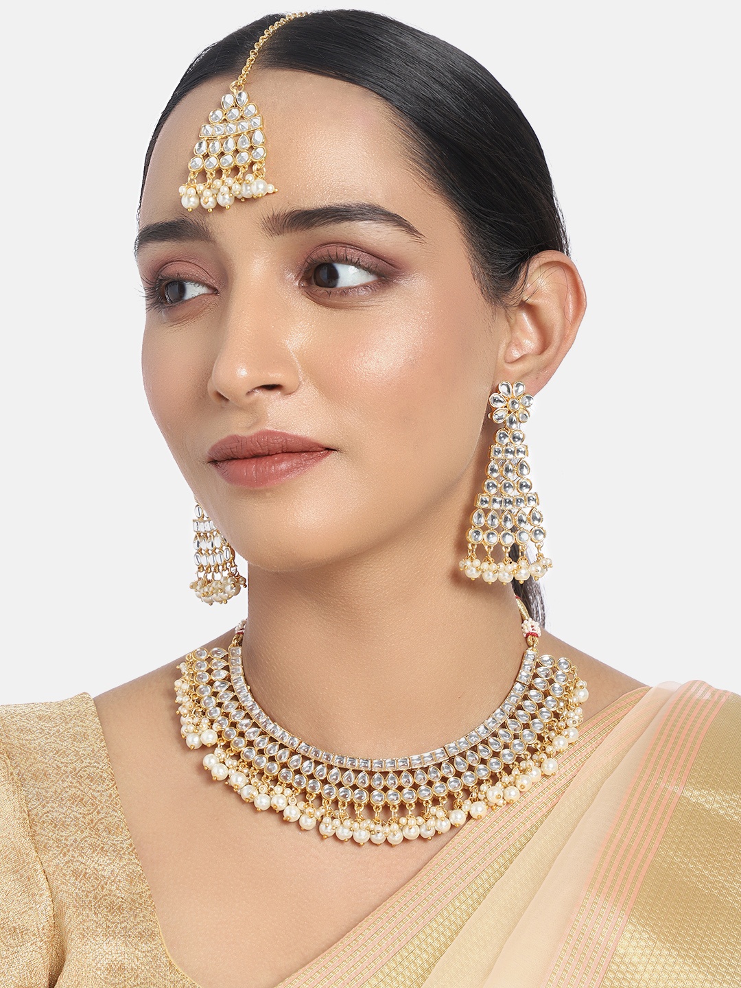 

I Jewels White Gold-Plated Kundan & Pearl Embellished Handcrafted Jewellery Set