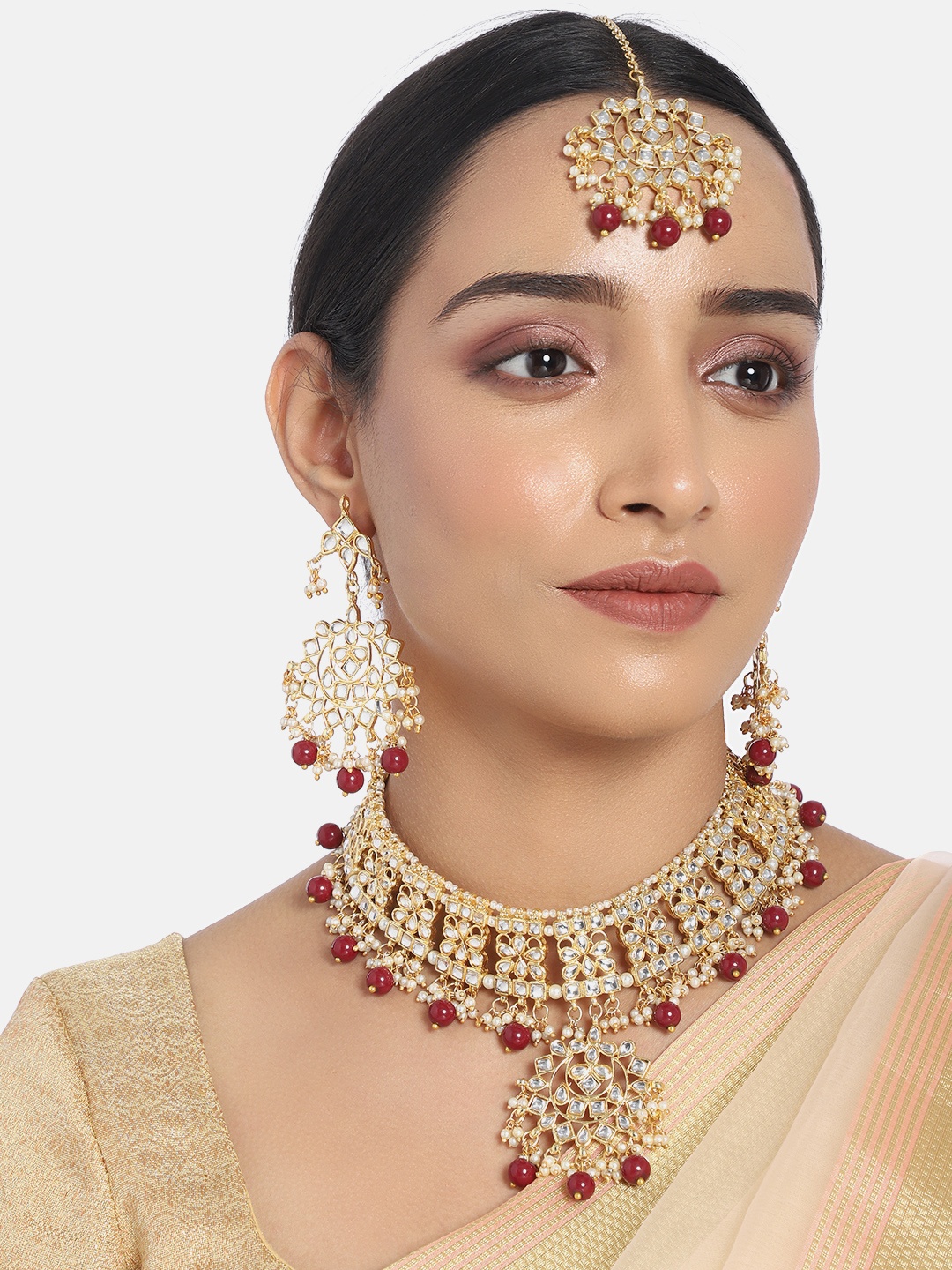 

I Jewels Gold-Plated Maroon Kundan-Studded Beaded Jewellery Set